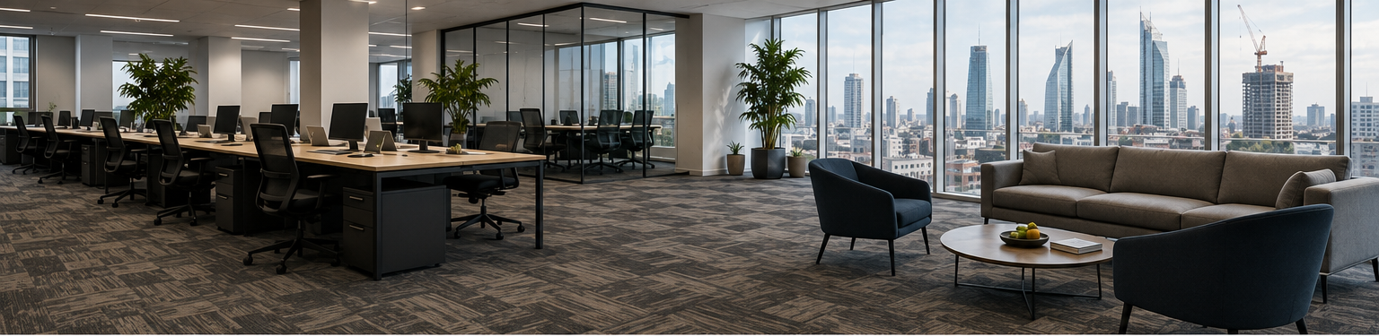 Open-plan workplace with patterned carpet tiles and a seating area