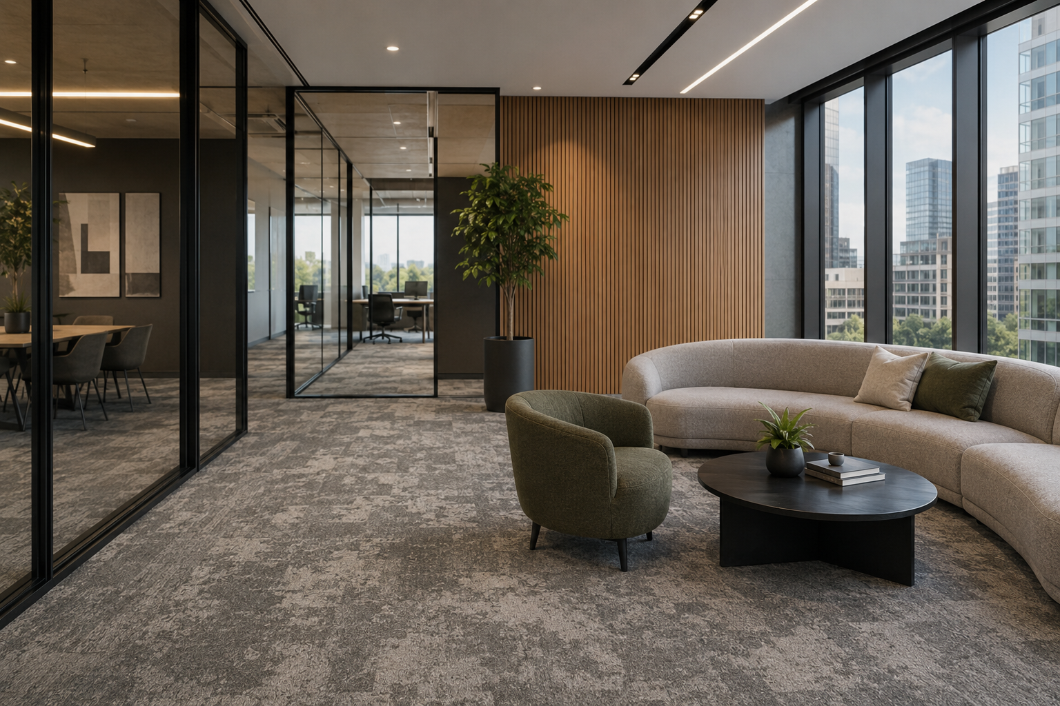 Textured grey carpet tiles in a contemporary commercial space