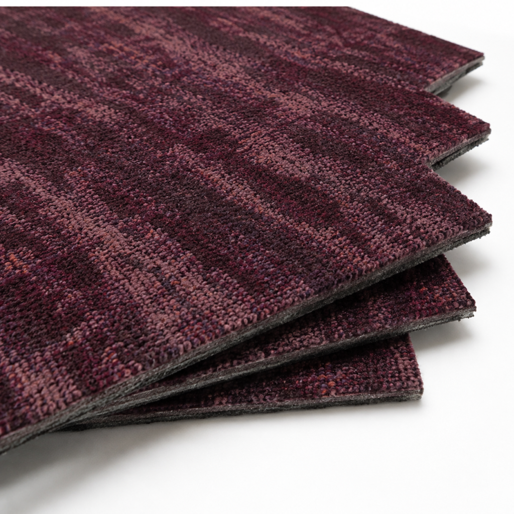 Carpet tile samples in a burgundy colourway