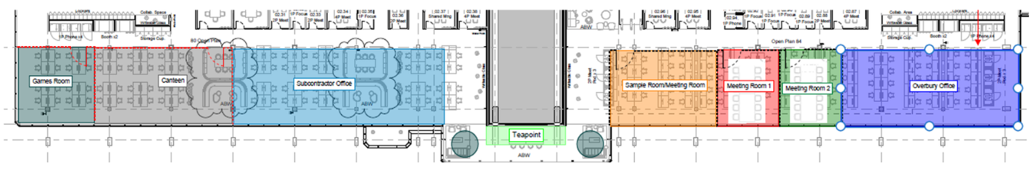 Annotated floor plan showing flooring areas for the Overbury site office at LEGO London