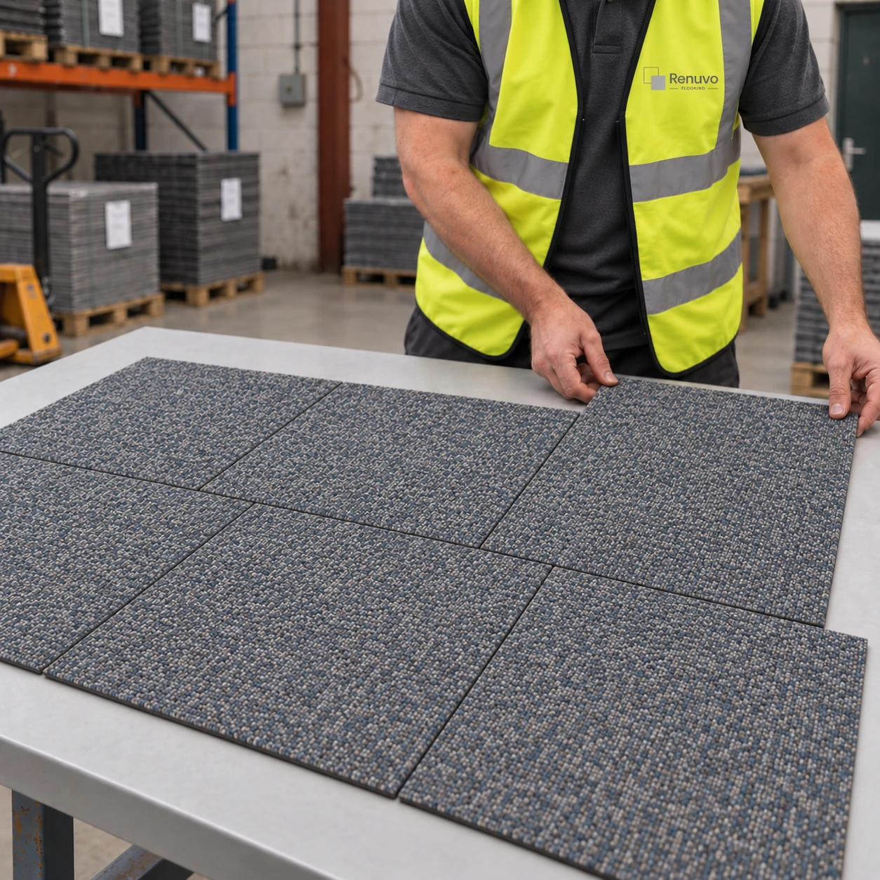 Carpet tiles being checked on a warehouse inspection table