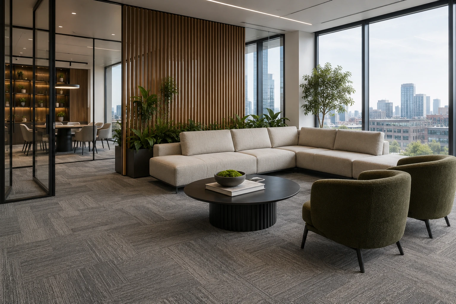 Warm grey carpet tiles in a contemporary workplace lounge